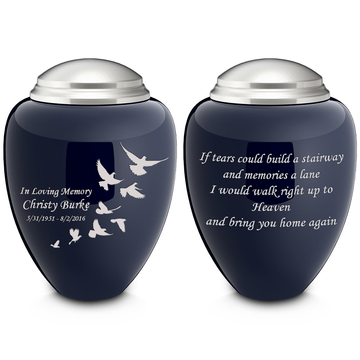 Adult Tribute Navy & Brushed Pewter Doves Cremation Urn