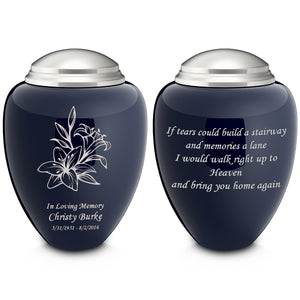 Adult Tribute Navy & Brushed Pewter Lily Cremation Urn