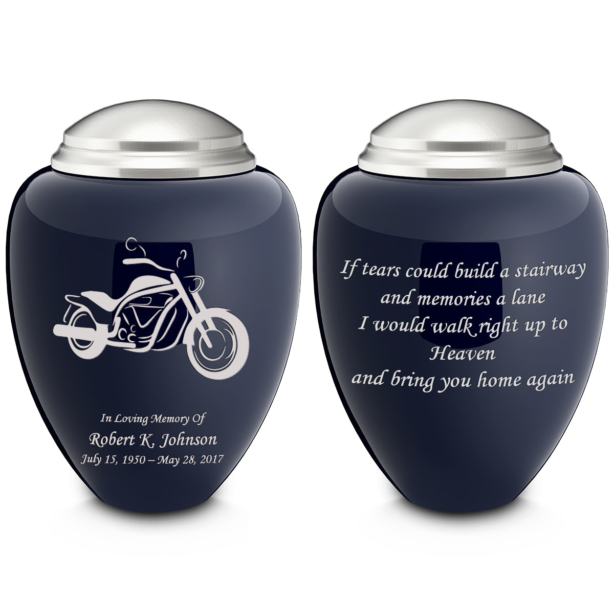 Adult Tribute Navy & Brushed Pewter Motorcycle Cremation Urn