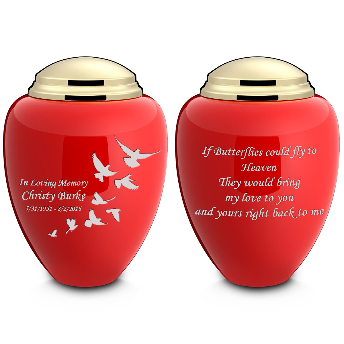 Adult Tribute Red & Shiny Brass Doves Cremation Urn