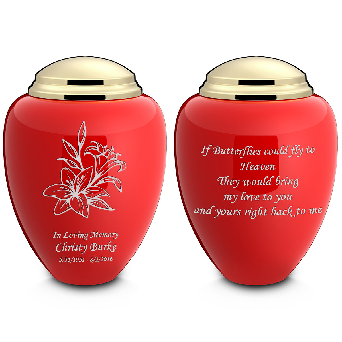 Adult Tribute Red & Shiny Brass Lily Cremation Urn