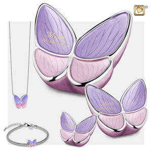 3 Different Sizes of Adult Wings of Hope Butterfly Shaped Lavender Colored Cremation Urns with Same Urn Bracelet & a Butterfly Shaped Pendant Necklace.