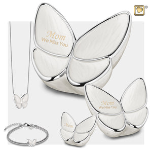 3 Different Sizes of Adult Wings of Hope Butterfly Shaped Pearl Colored Cremation Urns with Same Urn Bracelet & a Butterfly Shaped Pendant Necklace.