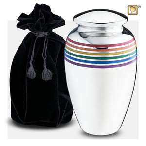 Adult Pride Rainbow Printed Silver Colored Cremation Urn with Black Urn Pouch