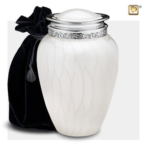 Adult Blessing Pearl White Colored Silver Cremation Urn with black cover pouch