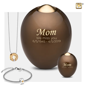 1 Adult & 1 Small Adore Bronze Colored Cremation Urn with Golden Colored Cap, 1 Cremation Bracelet & a Cremation Jewelry Necklace