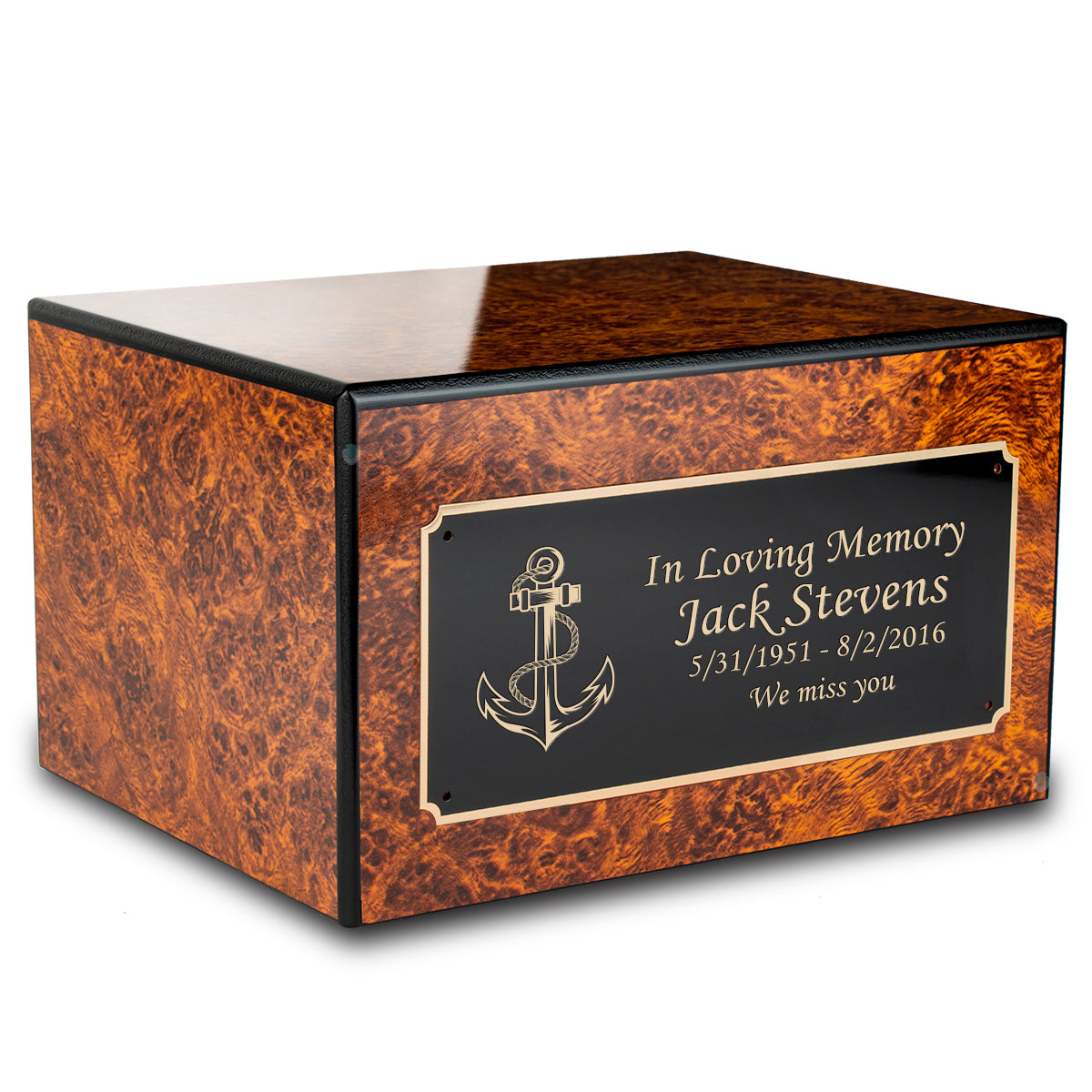 Custom Engraved Heritage Burl Adult Cremation Urn Memorial Box for Ashes