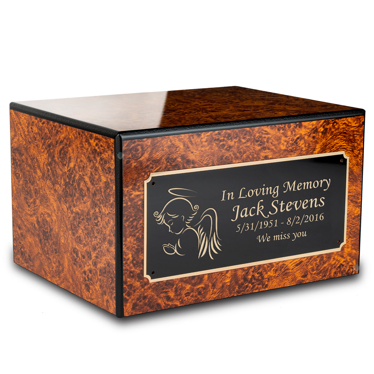 Custom Engraved Heritage Burl Adult Cremation Urn Memorial Box for Ashes