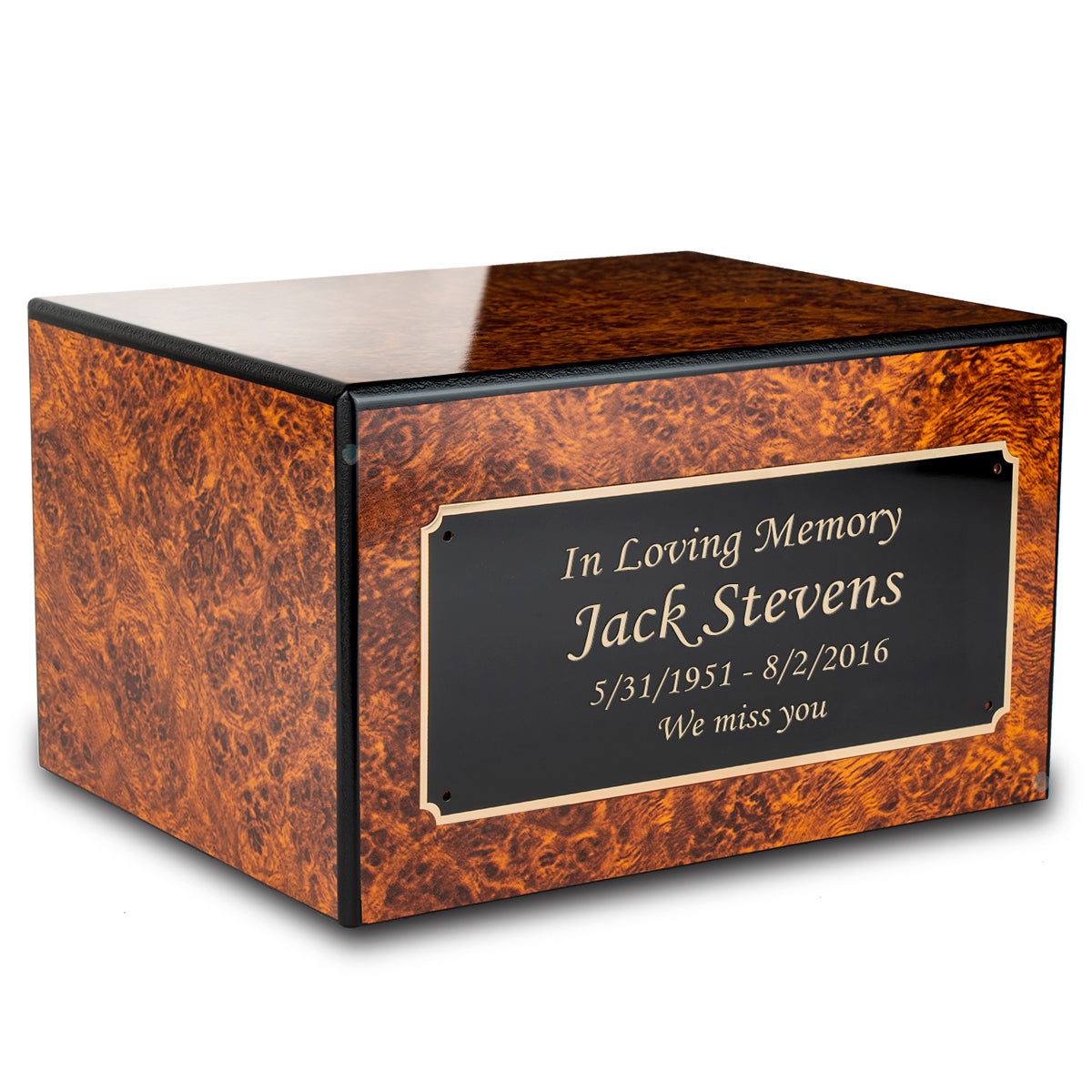 Custom Engraved Heritage Burl Adult Cremation Urn Memorial Box for Ashes