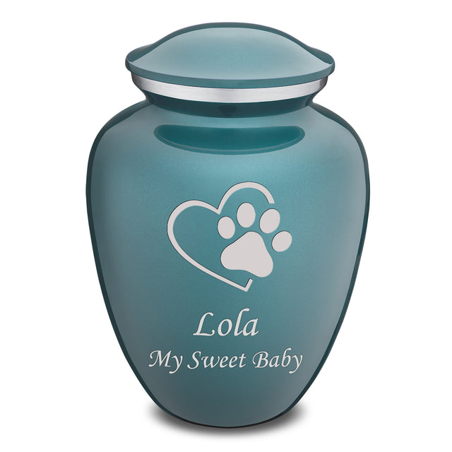 Large Embrace Teal Single Paw Heart Pet Cremation Urn