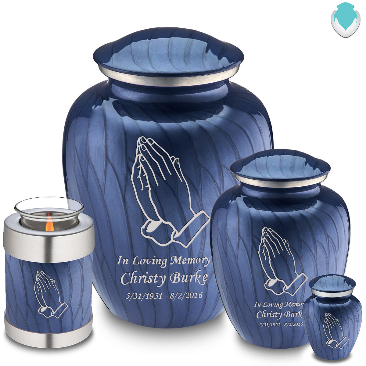 Adult Embrace Pearl Cobalt Blue Praying Hands Cremation Urn