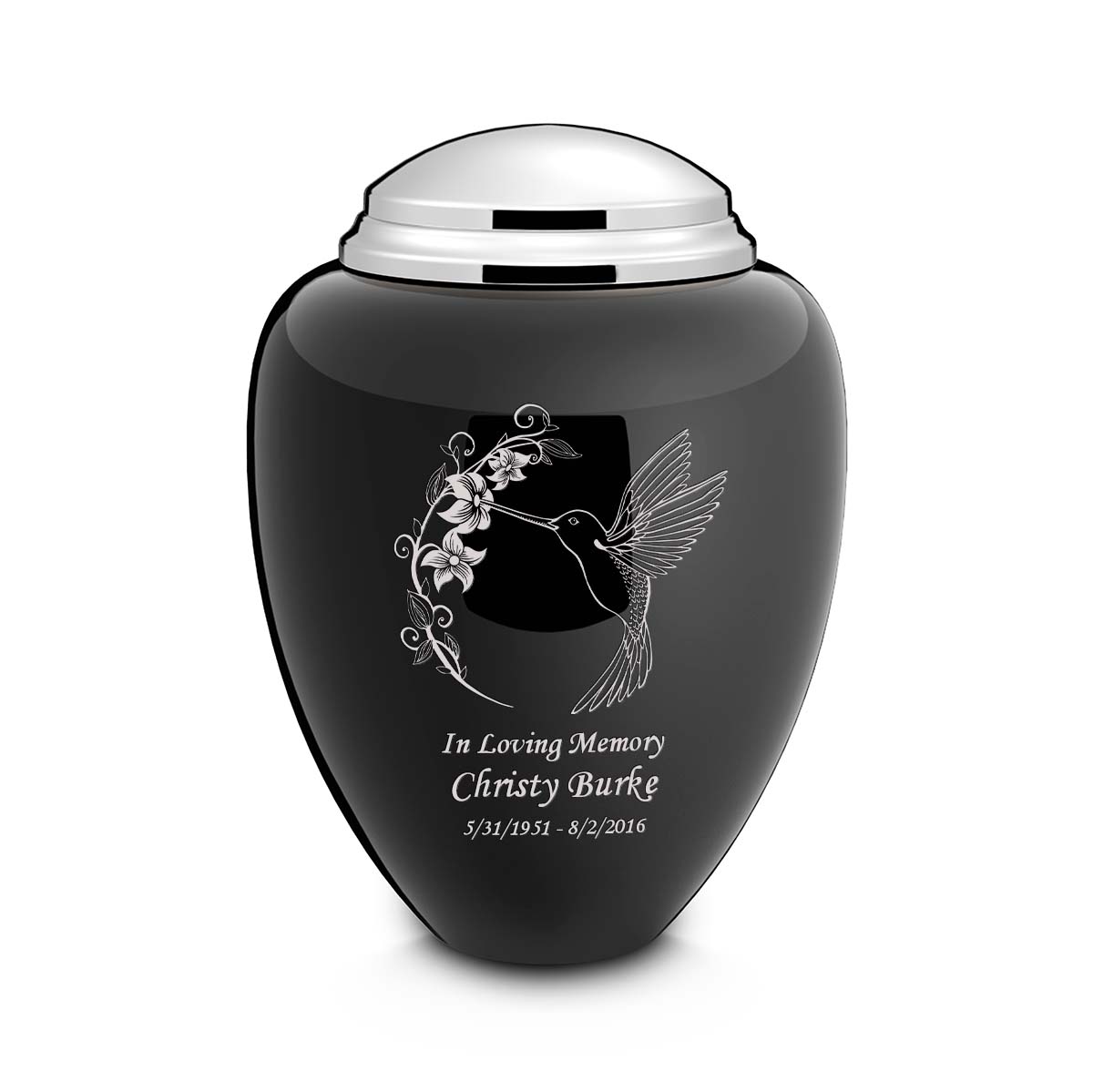 Adult Tribute Black & Shiny Pewter Hummingbird Cremation Urn