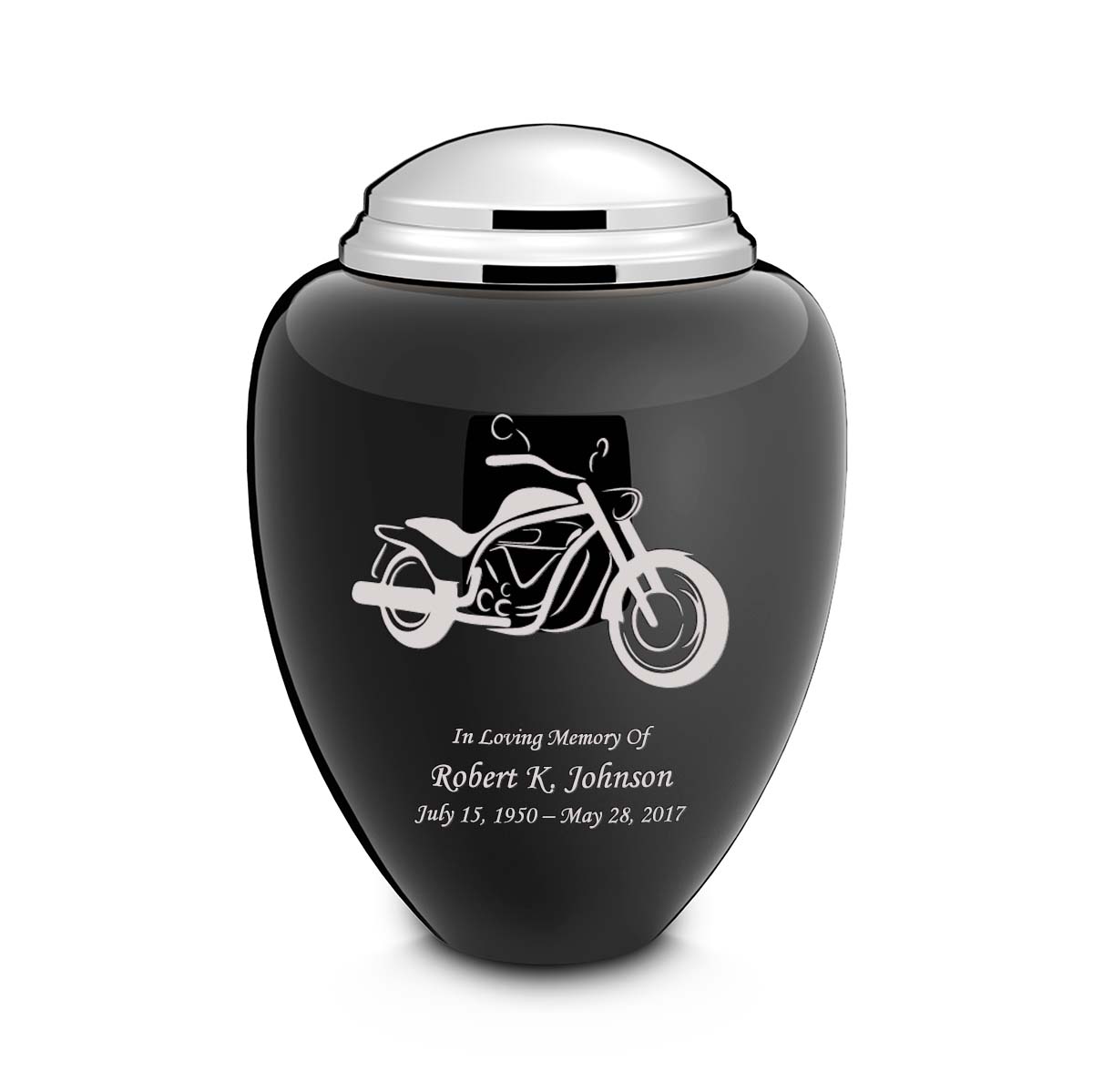 Adult Tribute Black &amp; Shiny Pewter Motorcycle Cremation Urn