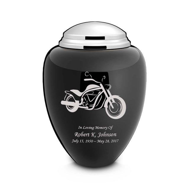 Adult Tribute Black & Shiny Pewter Motorcycle Cremation Urn