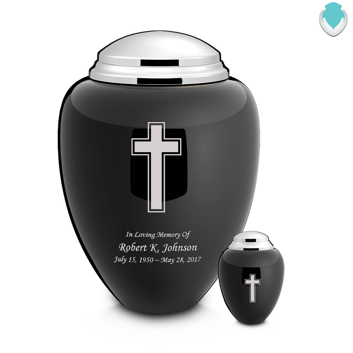Keepsake Tribute Black and Shiny Pewter Simple Cross Cremation Urn