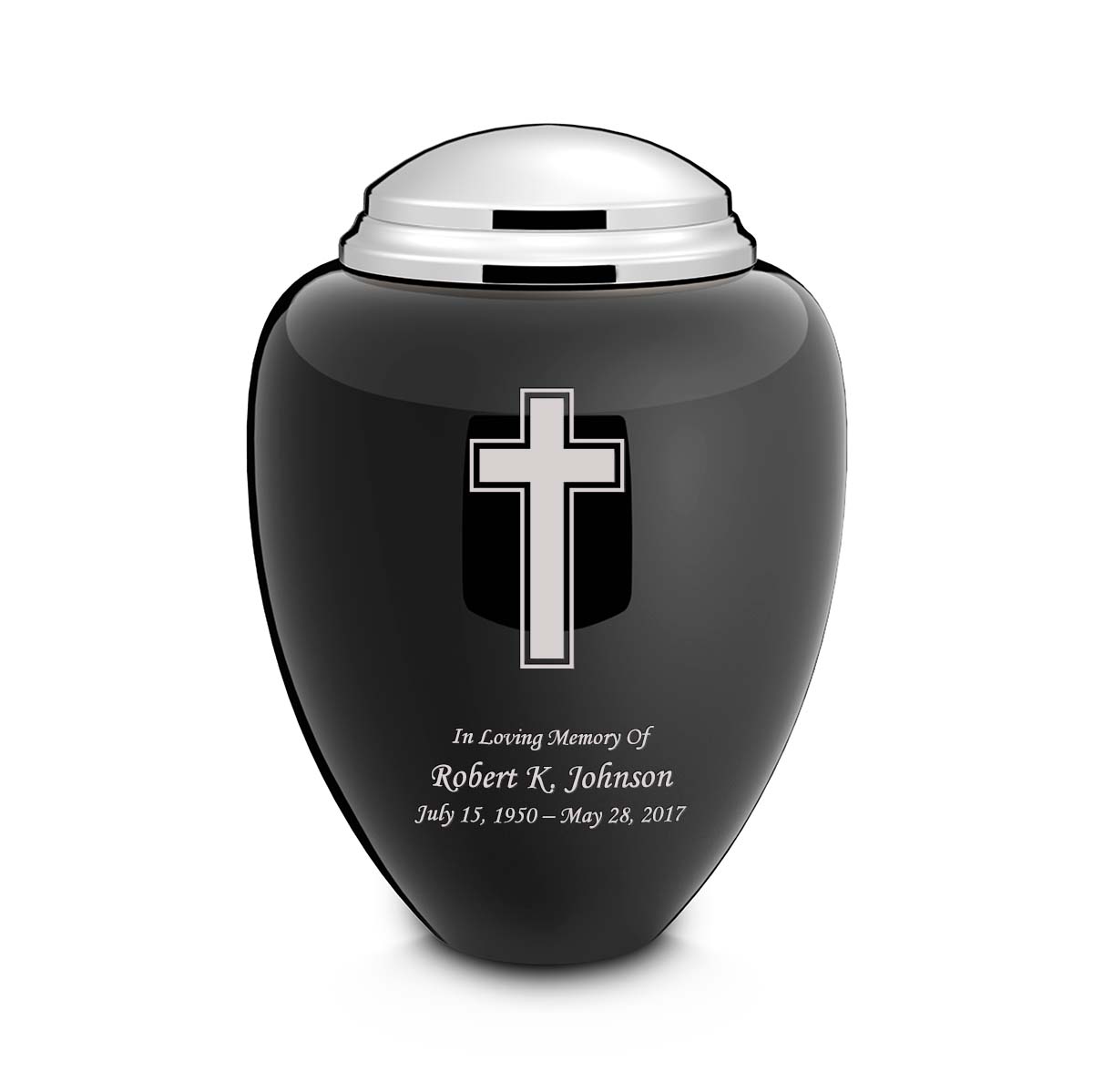 Adult Tribute Black & Shiny Pewter Simple Cross Cremation Urn
