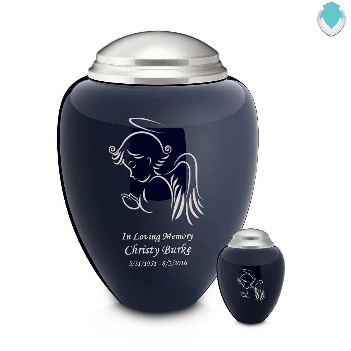 Adult Tribute Navy & Brushed Pewter Angel Cremation Urn