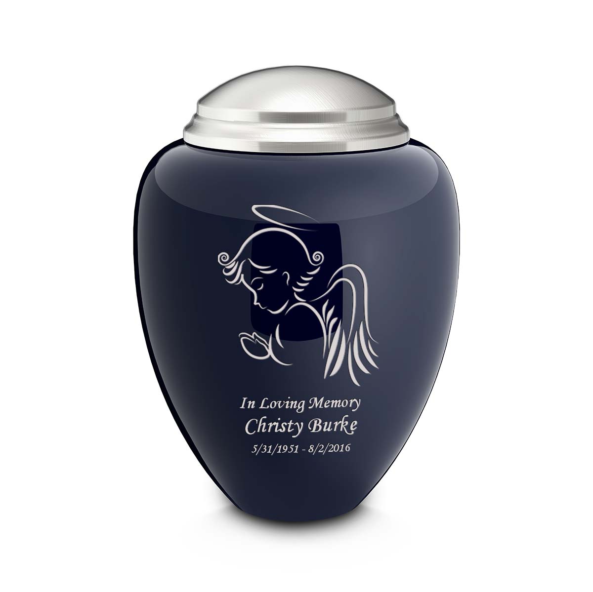 Adult Tribute Navy & Brushed Pewter Angel Cremation Urn