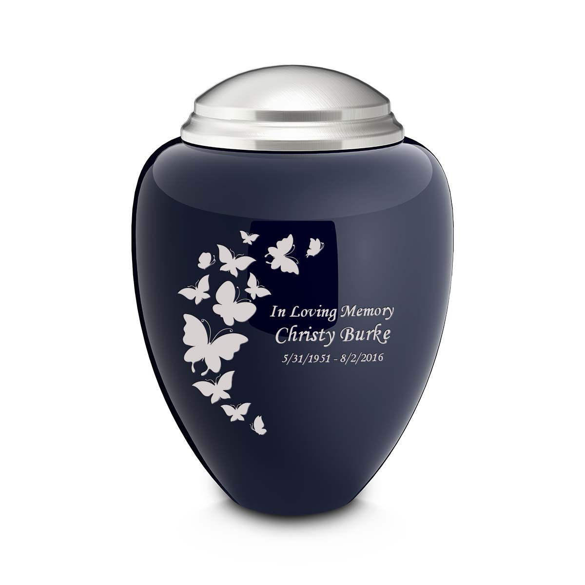 Adult Tribute Navy & Brushed Pewter Butterfly Cremation Urn