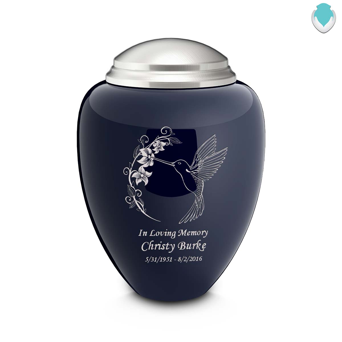 Adult Tribute Navy & Brushed Pewter Hummingbird Cremation Urn