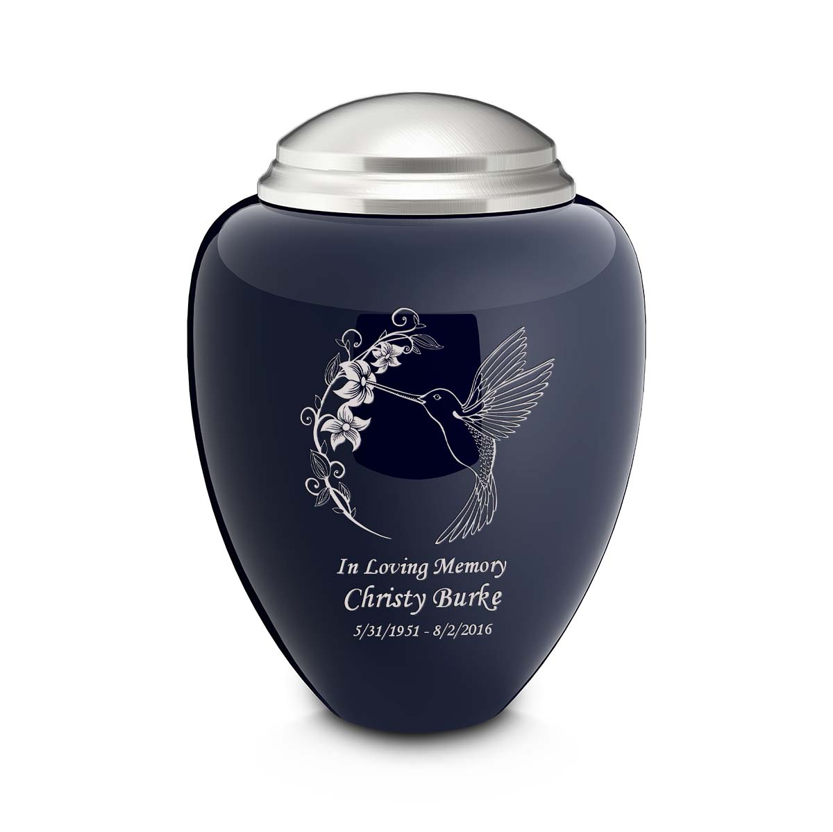 Adult Tribute Navy & Brushed Pewter Hummingbird Cremation Urn