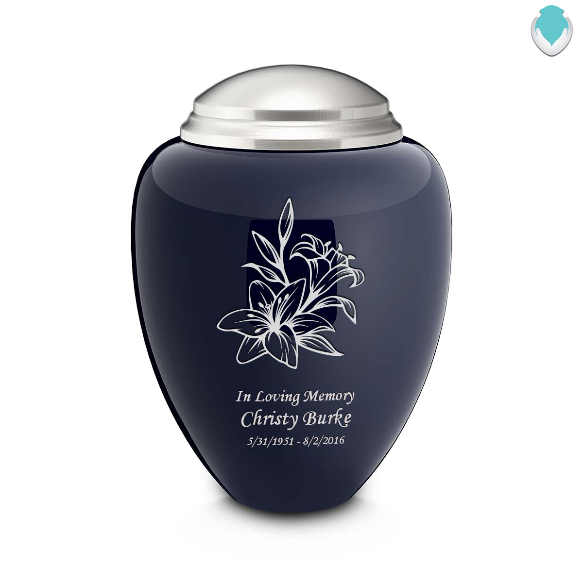 Adult Tribute Navy & Brushed Pewter Lily Cremation Urn