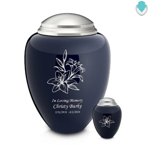 Keepsake Tribute Navy and Brushed Pewter Lily Cremation Urn