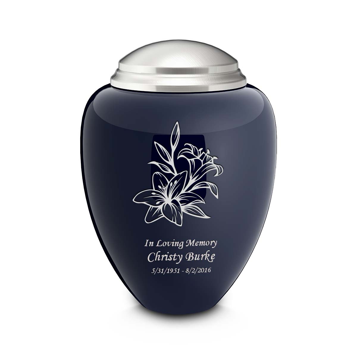 Adult Tribute Navy & Brushed Pewter Lily Cremation Urn