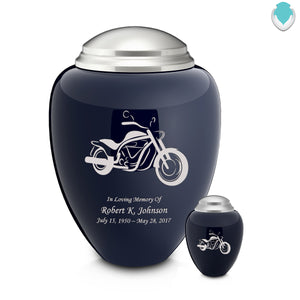 Adult Tribute Navy & Brushed Pewter Motorcycle Cremation Urn