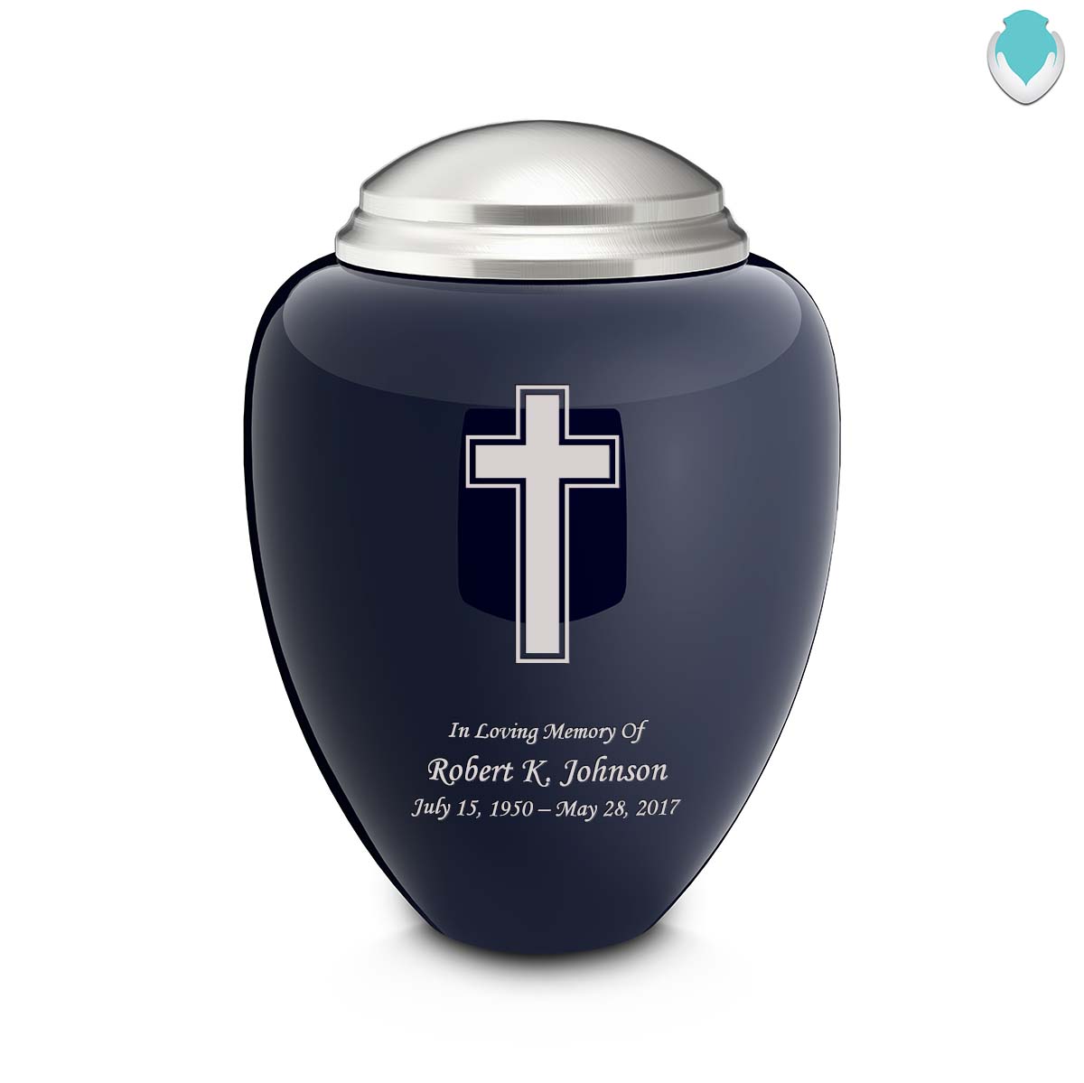 Adult Tribute Navy & Brushed Pewter Simple Cross Cremation Urn