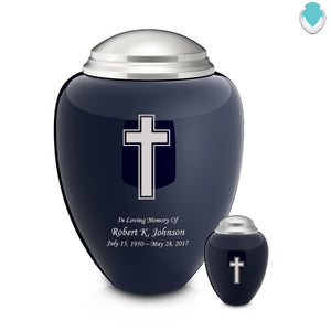 Adult Tribute Navy & Brushed Pewter Simple Cross Cremation Urn
