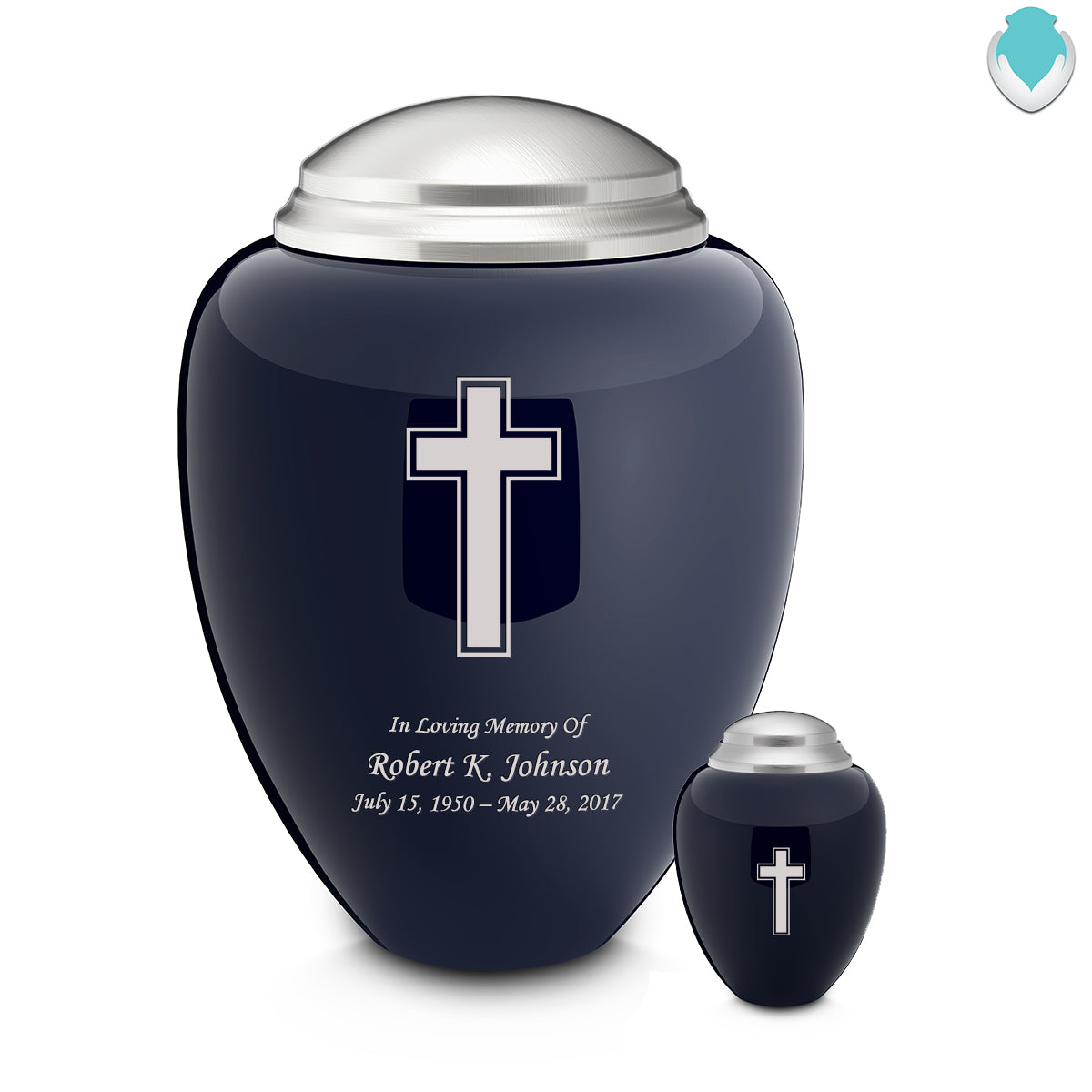 Keepsake Tribute Navy and Brushed Pewter Simple Cross Cremation Urn