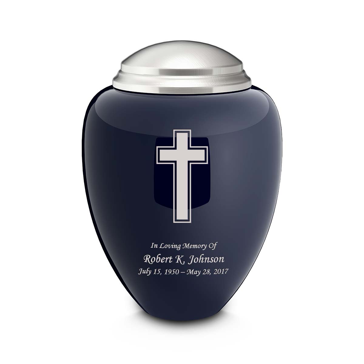 Adult Tribute Navy &amp; Brushed Pewter Simple Cross Cremation Urn