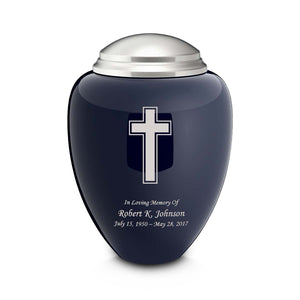 Adult Tribute Navy & Brushed Pewter Simple Cross Cremation Urn