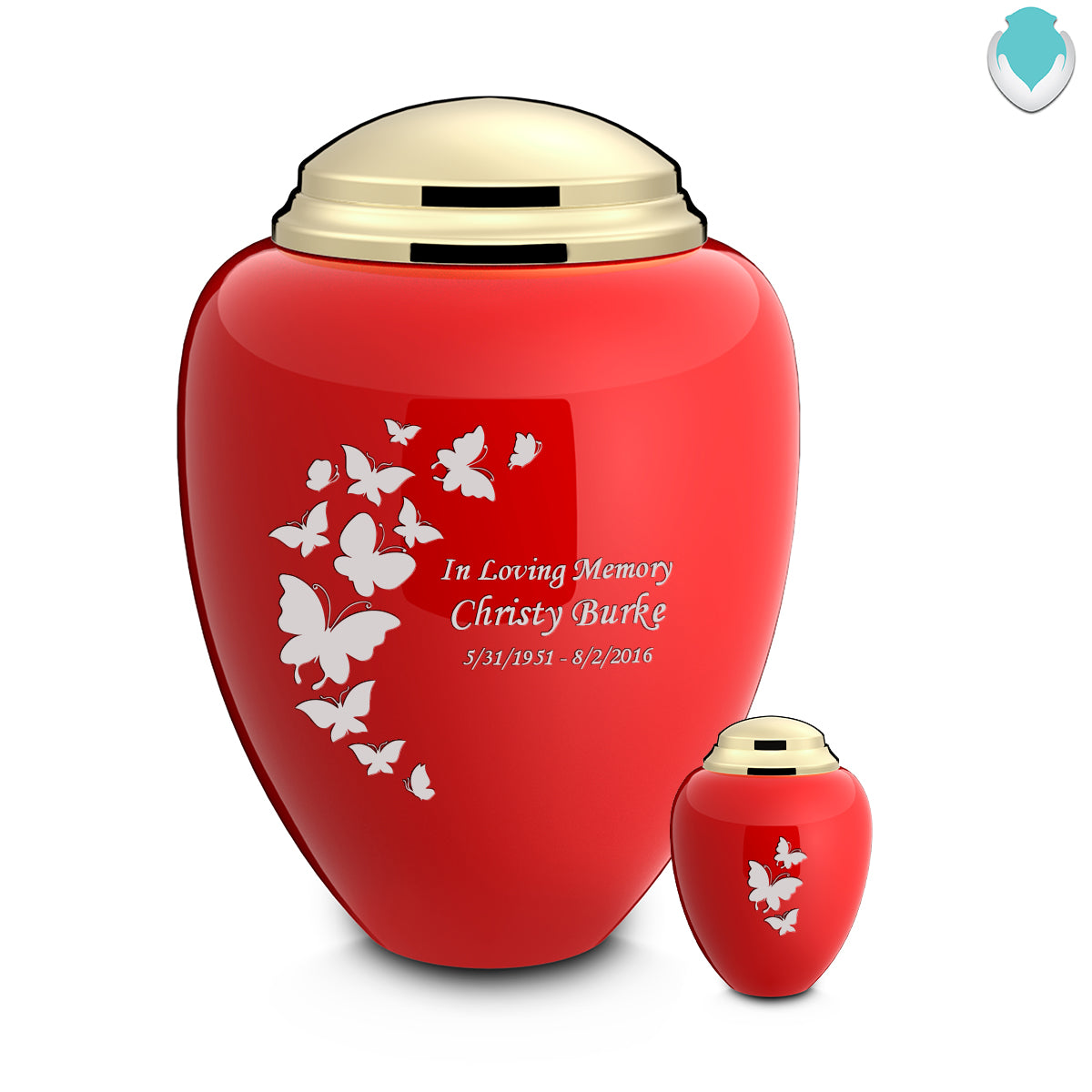 Keepsake Tribute Red and Shiny Brass Butterflies Cremation Urn