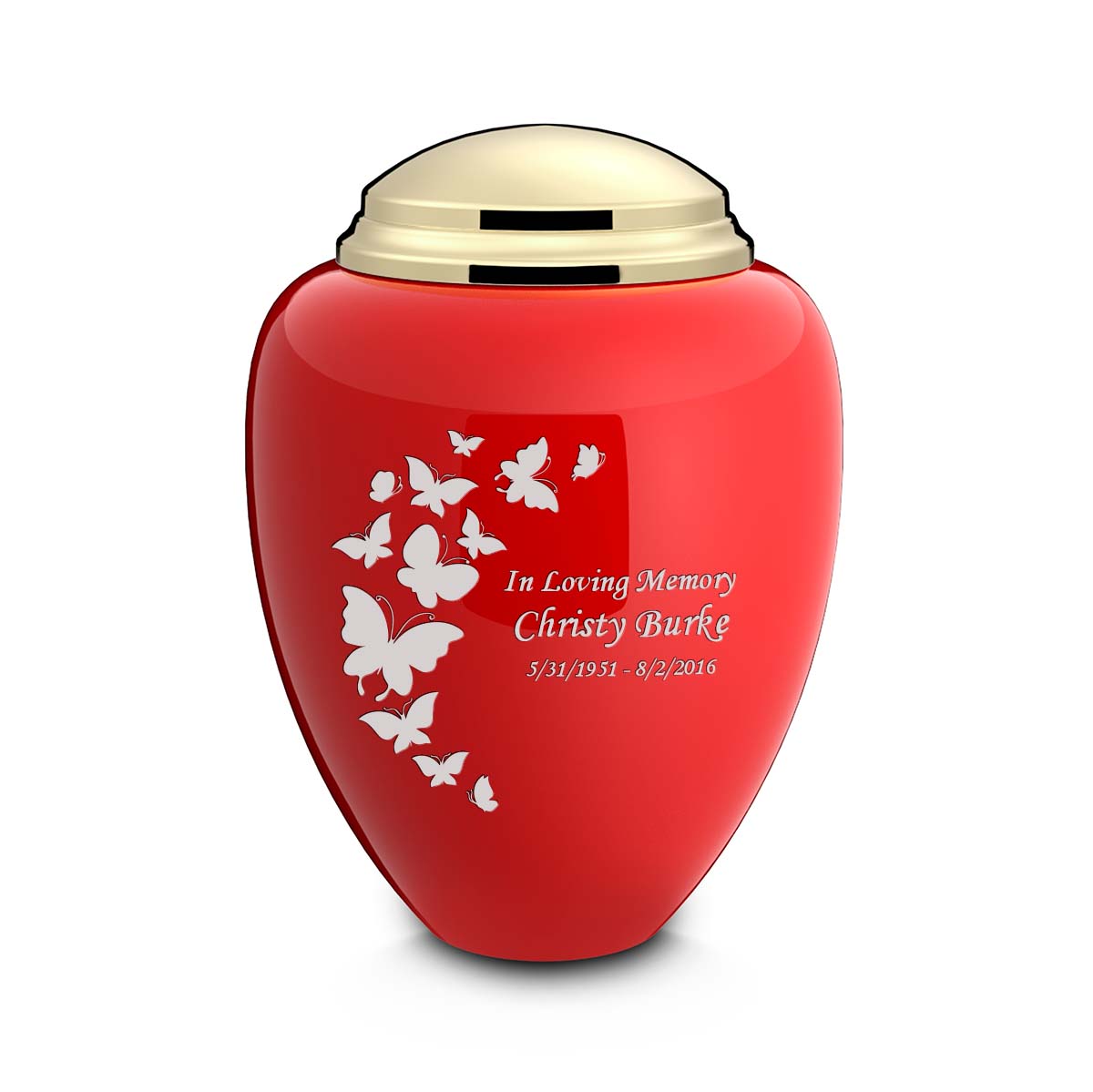 Adult Tribute Red &amp; Shiny Brass Butterfly Cremation Urn