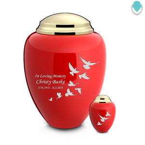 Keepsake Tribute Red and Shiny Brass Doves Cremation Urn