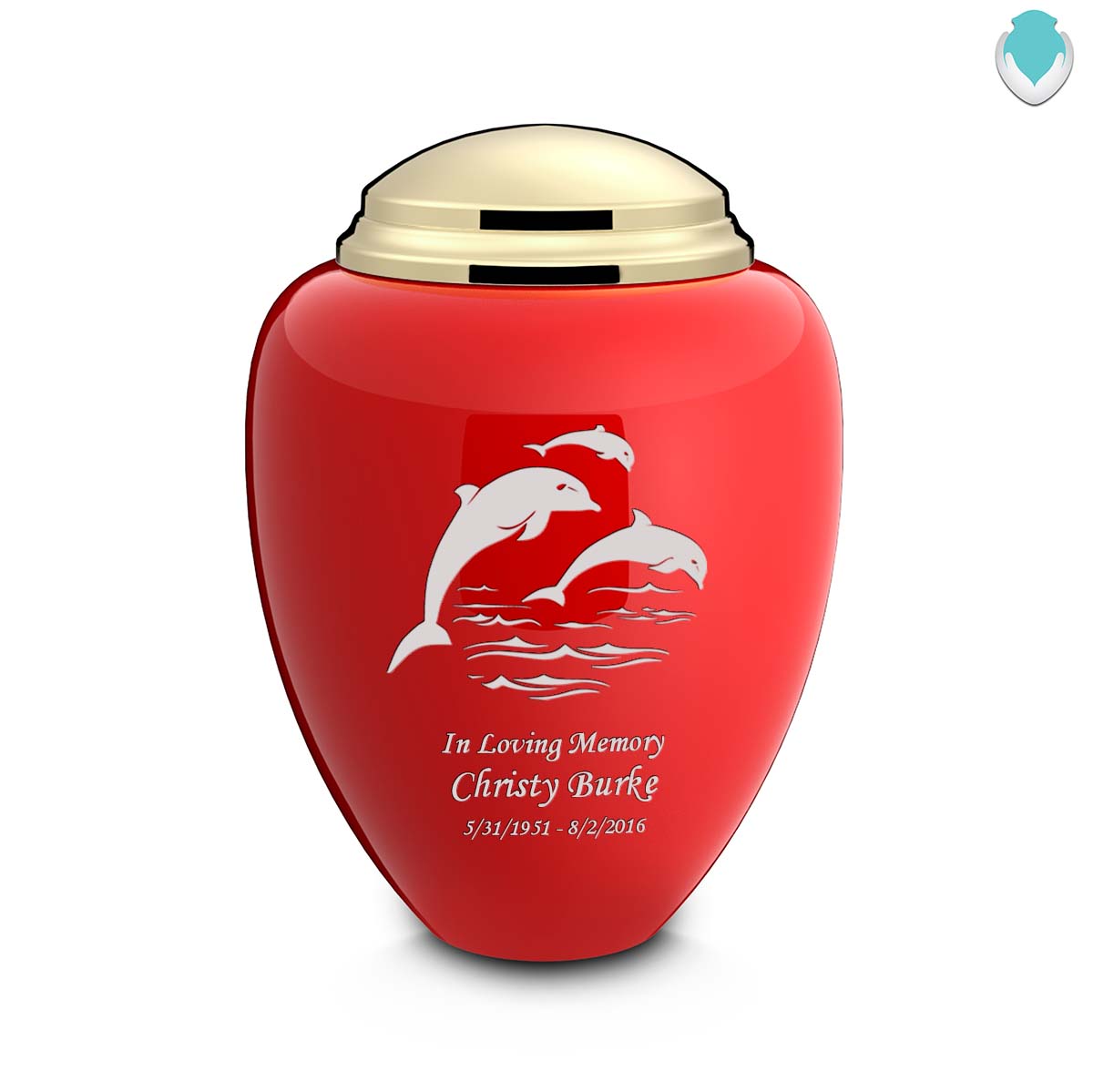 Adult Tribute Red & Shiny Brass Dolphin Cremation Urn
