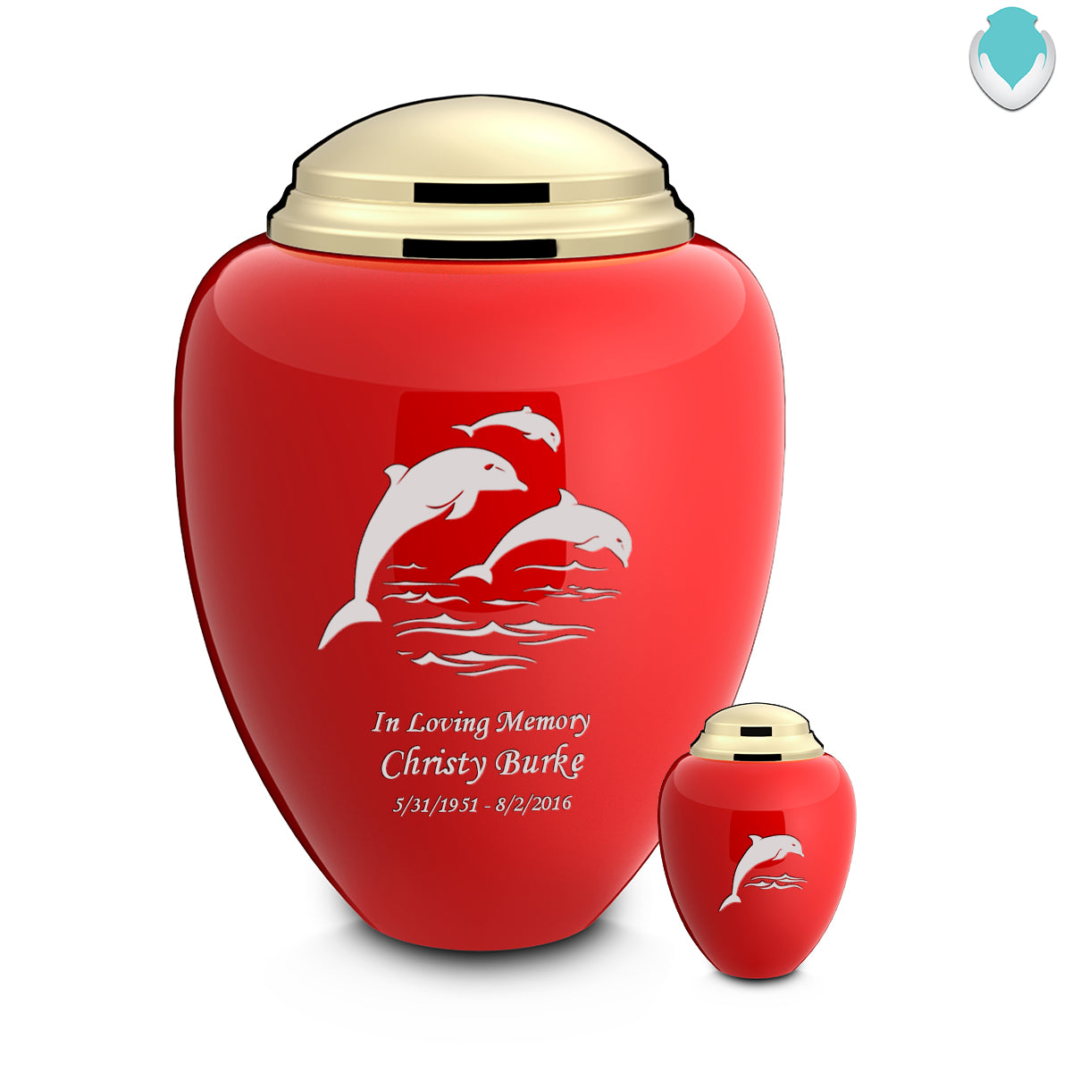 Adult Tribute Red & Shiny Brass Dolphin Cremation Urn
