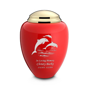 Adult Tribute Red & Shiny Brass Dolphin Cremation Urn