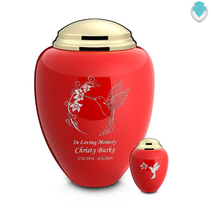 Adult Tribute Red & Shiny Brass Hummingbird Cremation Urn