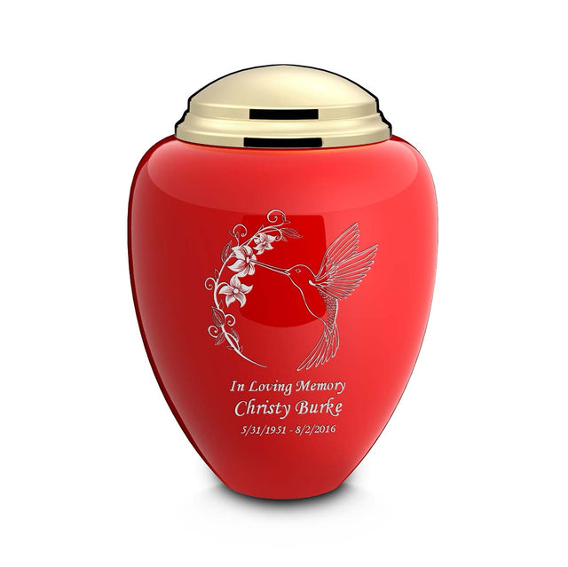 Adult Tribute Red & Shiny Brass Hummingbird Cremation Urn