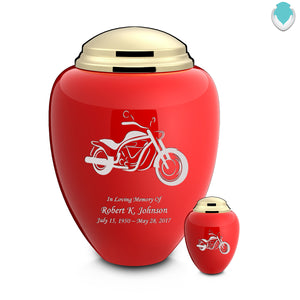 Keepsake Tribute Red and Shiny Brass Motorcycle Cremation Urn