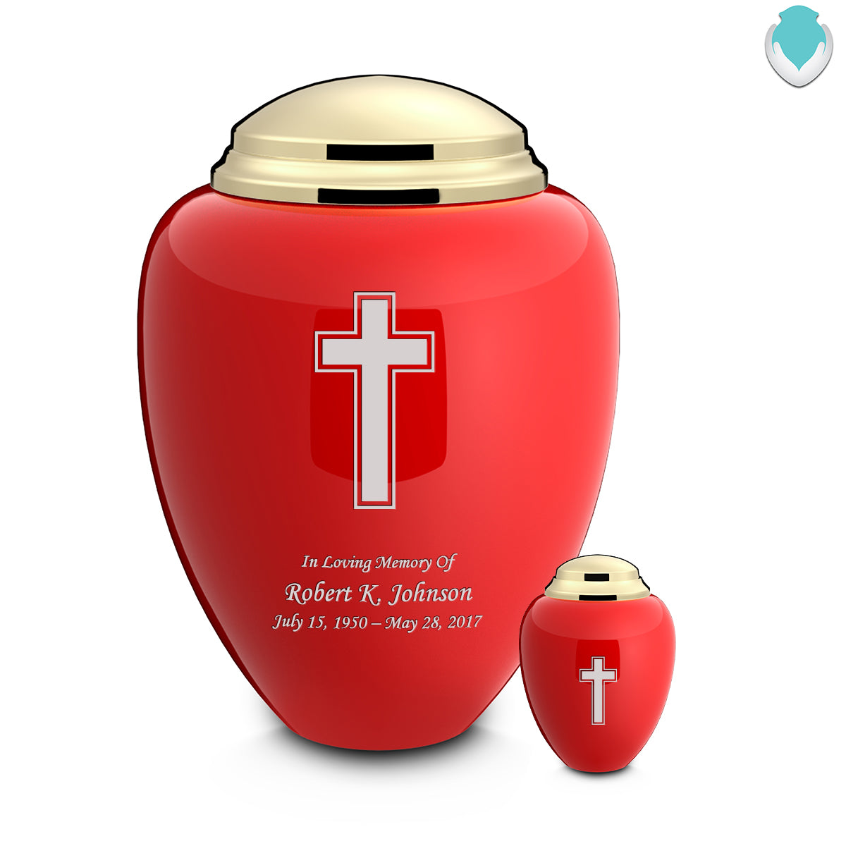 Adult Tribute Red & Shiny Brass Simple Cross Cremation Urn