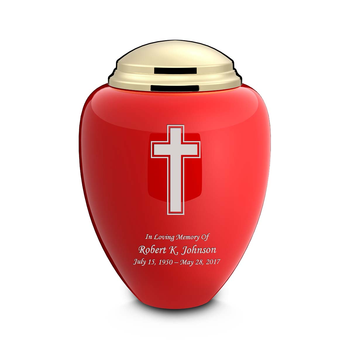 Adult Tribute Red & Shiny Brass Simple Cross Cremation Urn