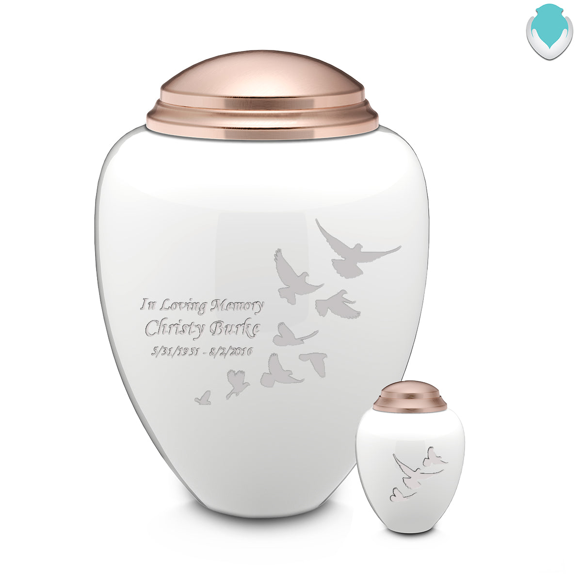 Adult Tribute White & Rose Gold Doves Cremation Urn