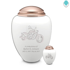 Adult Tribute White & Rose Gold Motorcycle Cremation Urn
