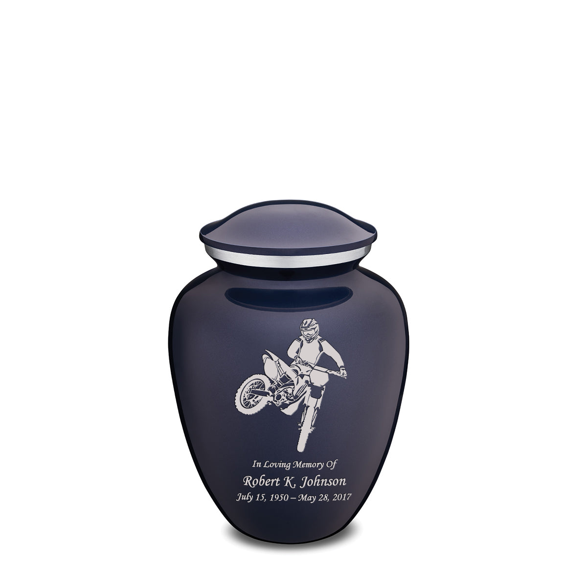 Medium Embrace Cobalt Blue Dirt Bike Cremation Urn