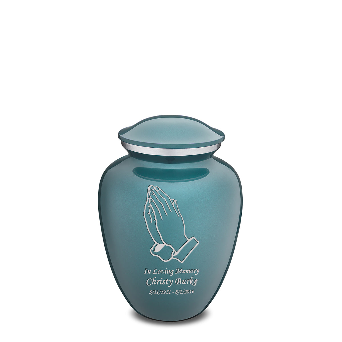 Medium Embrace Teal Praying Hands Cremation Urn