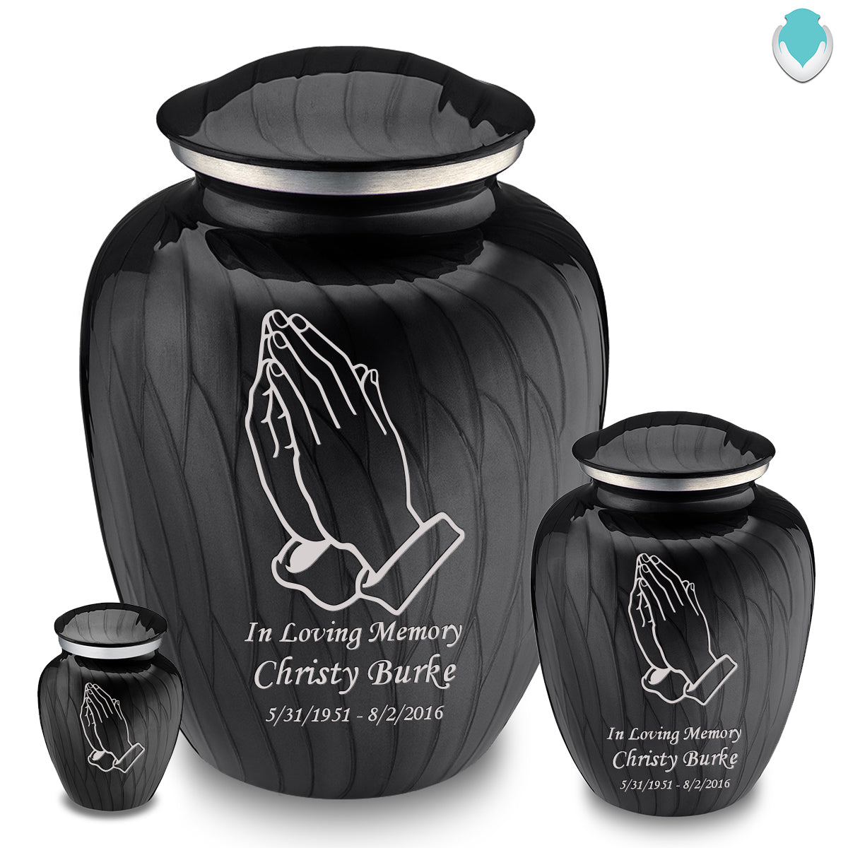 Medium Embrace Pearl Black Praying Hands Cremation Urn